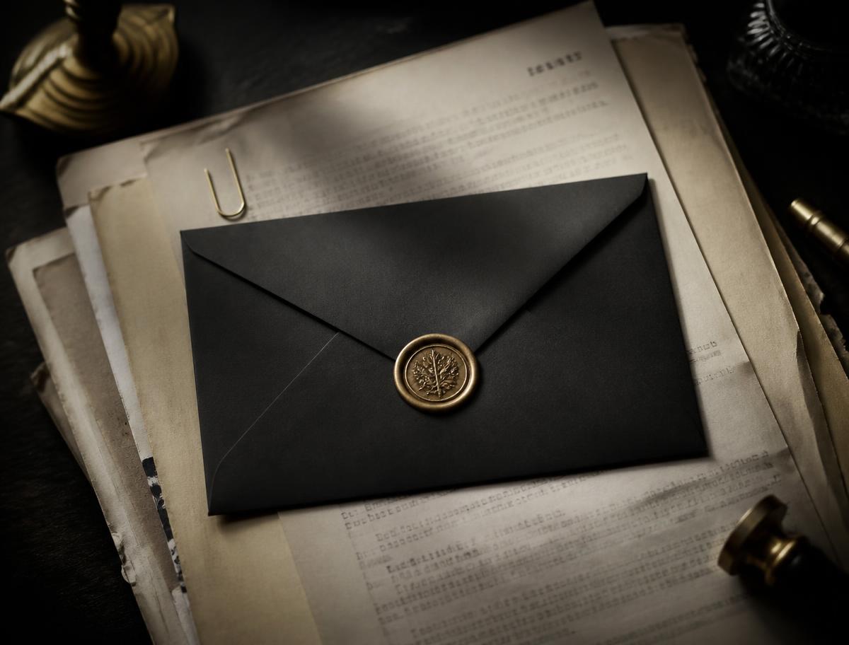 A black envelope sealed with a brass wax seal resting on aged ivory document paper.