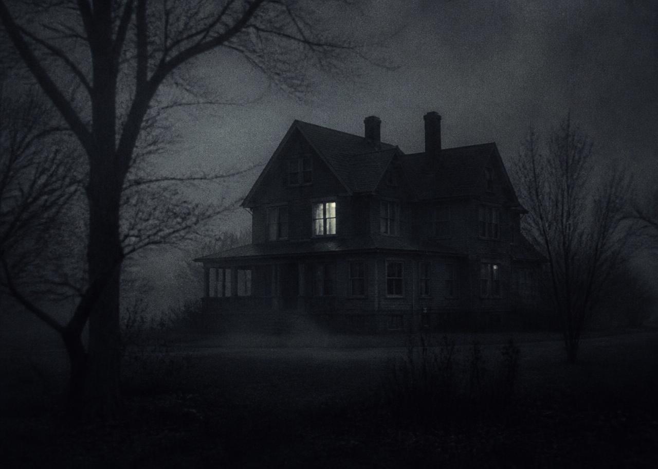 Illustrative archival photograph of a large fog-shrouded house at night with a single lit window, representing the fictional Marrow House investigation.